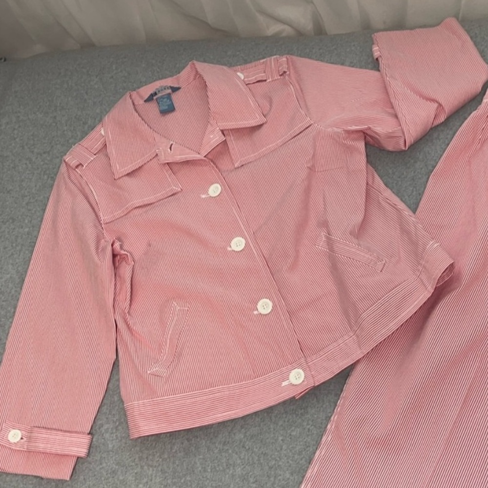 Boxy Stripe Jacket Womens 14 Petite Button Coastal Red White Preppy